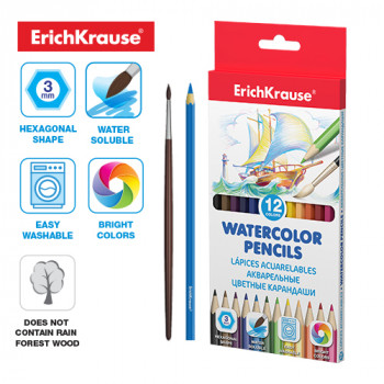 Watercolor pencils, 12 colors with brush