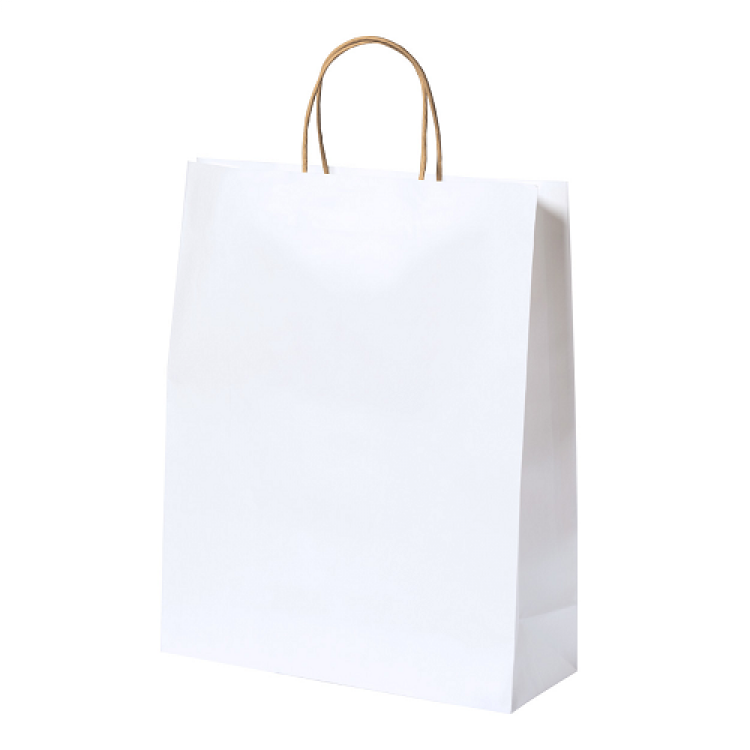 Recycled paper shopping bag with natural coloured twisted handles. 100g/m² 250×310×110 mm