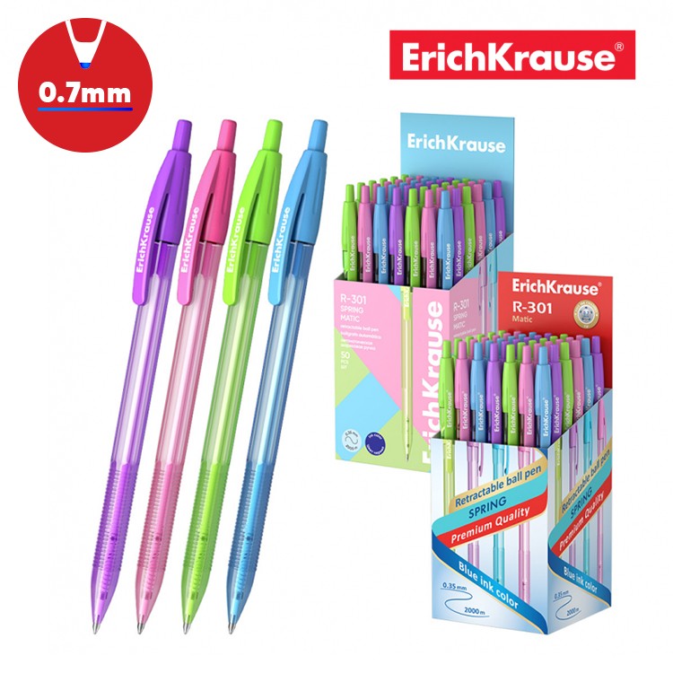 Retractable ballpoint pen ErichKrause&reg; R-301 Spring Matic 0.7, ink color: blue (box 50 pcs.)
