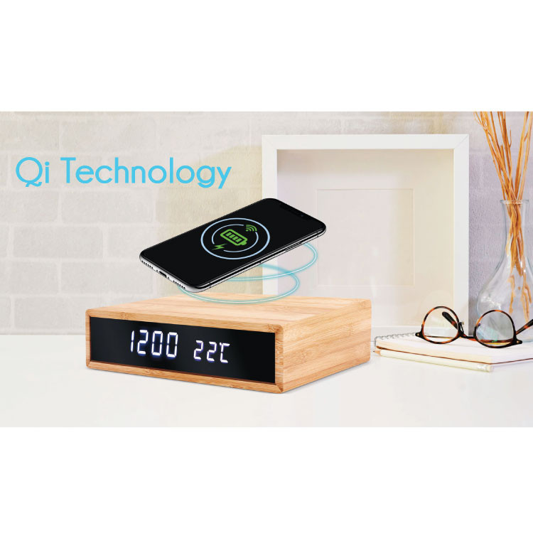 Alarm clock with wireless charger and temperature