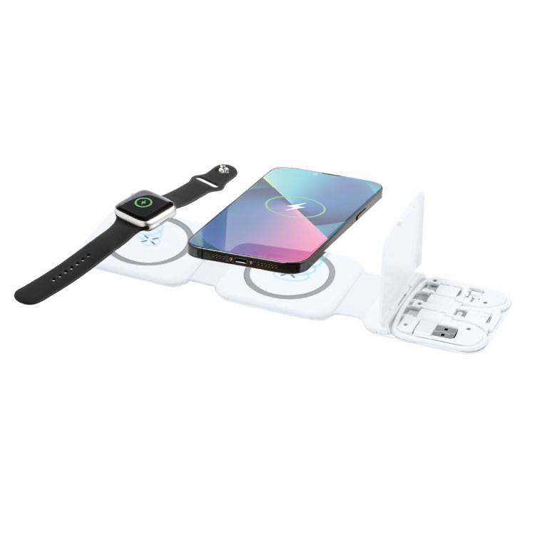 Foldable wireless fast charger (15W) and secondary wireless charger including cables