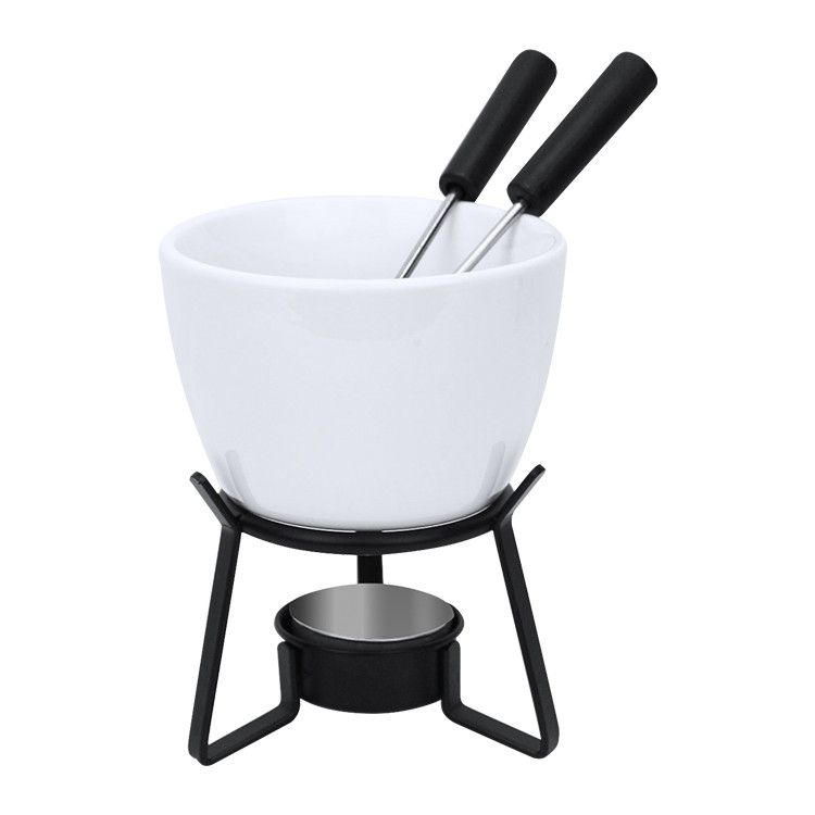 Ceramic fondue set with metal stand and 2 forks