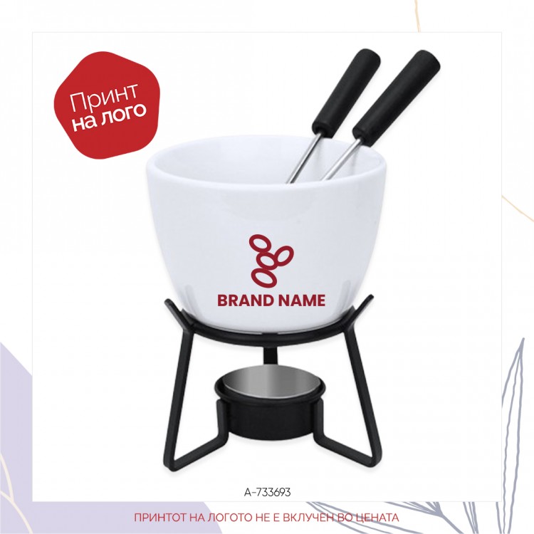 Ceramic fondue set with metal stand and 2 forks