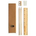 Еко дрвен сет моливи, гума, острилка, линијар